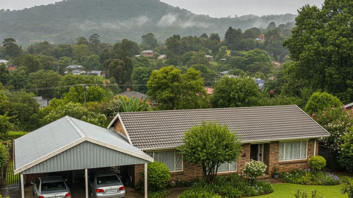 Steel double carport at a suburban home in the Pietermaritzburg city bowl ringed by green hills
