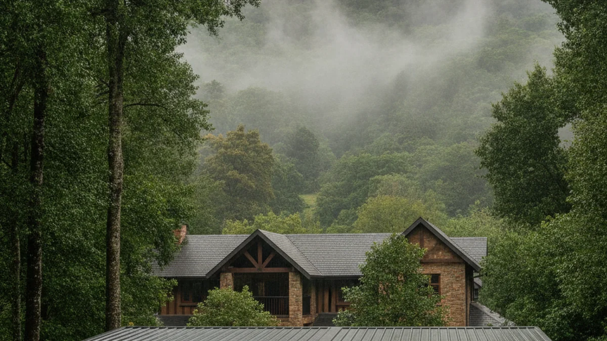 A stone country home and a pitched grey metal carport roof among tall trees and thick mist in the leafy KZN Midlands near Hilton