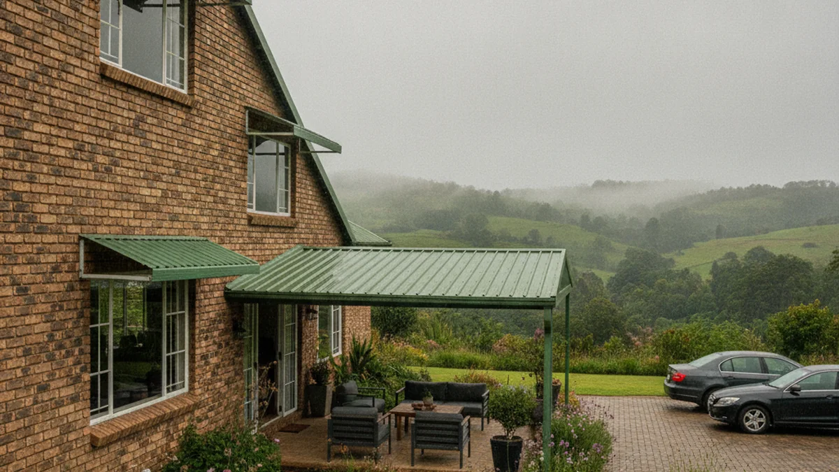 Metal window and patio awnings shading and sheltering a face-brick Pietermaritzburg house from the rain