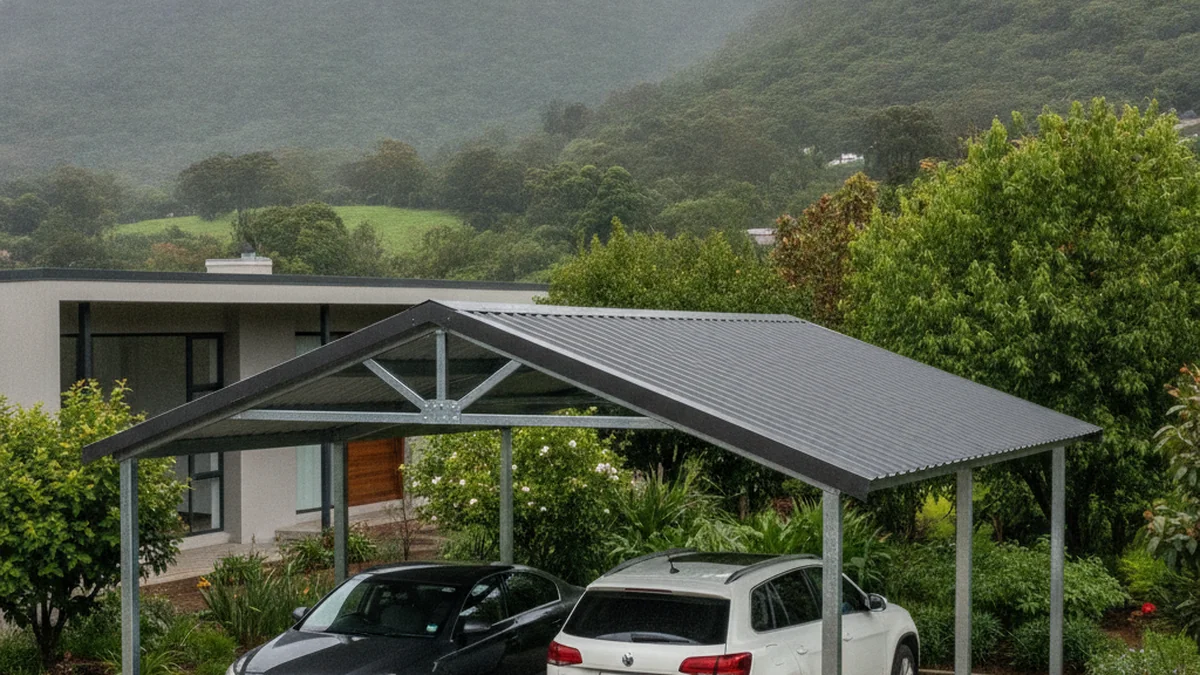 Six-metre steel double carport covering two cars side by side at a Pietermaritzburg house