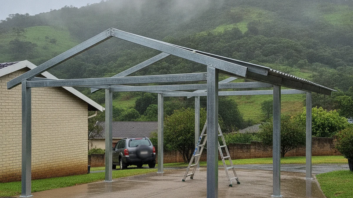 Galvanised steel carport frame part-way through installation on a suburban Pietermaritzburg driveway
