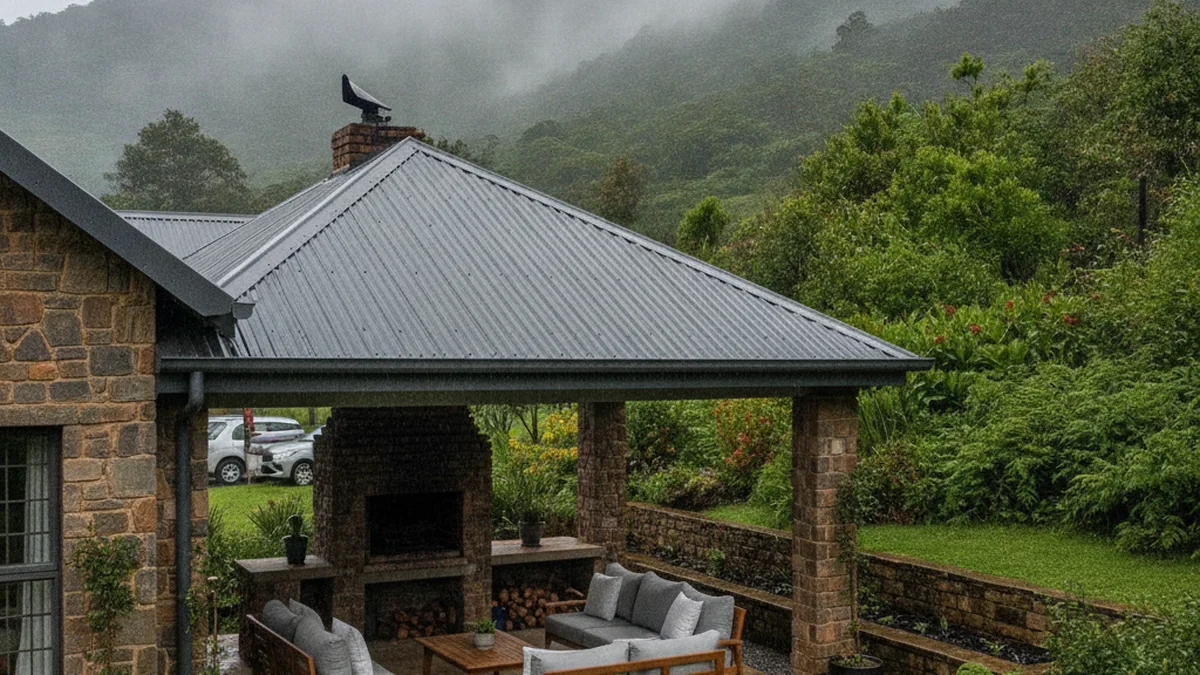 Covered patio with a pitched IBR roof, outdoor furniture and a built-in braai at a Pietermaritzburg home