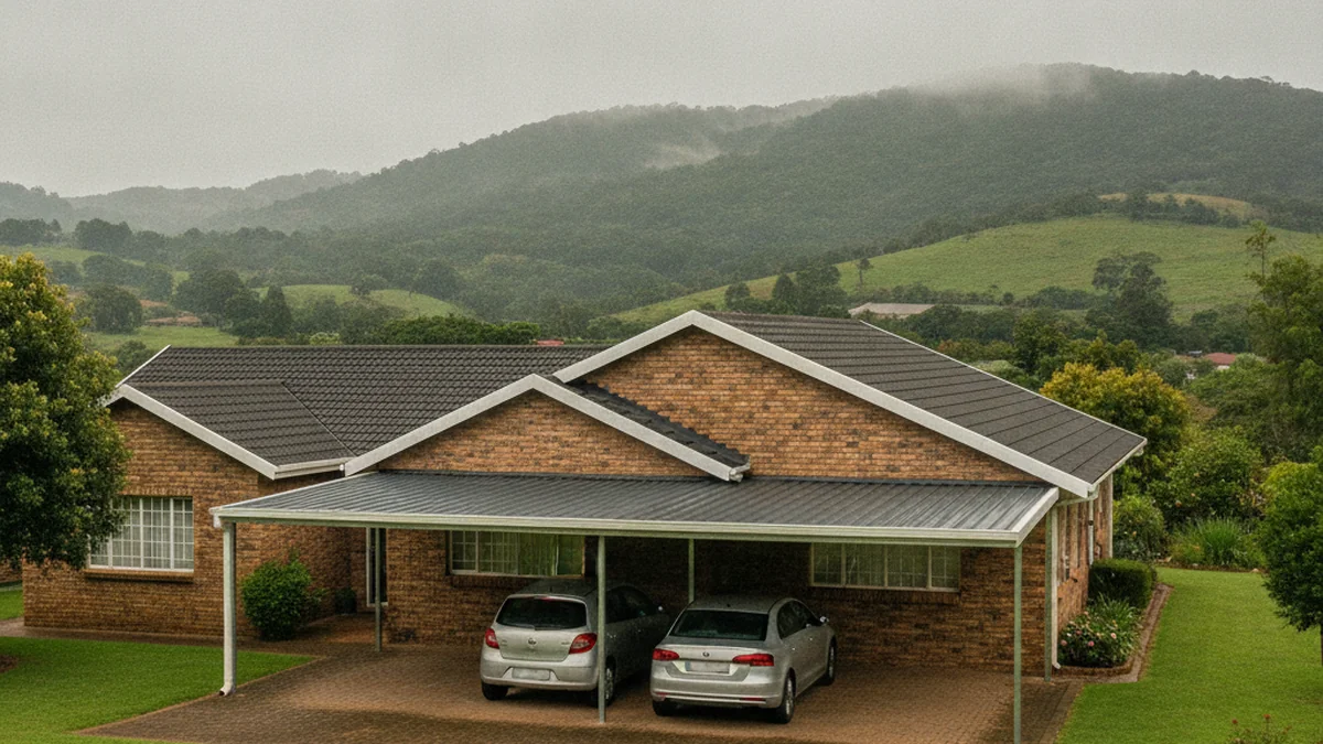Freestanding steel double carport with a pitched, guttered IBR roof in front of a face-brick Pietermaritzburg home