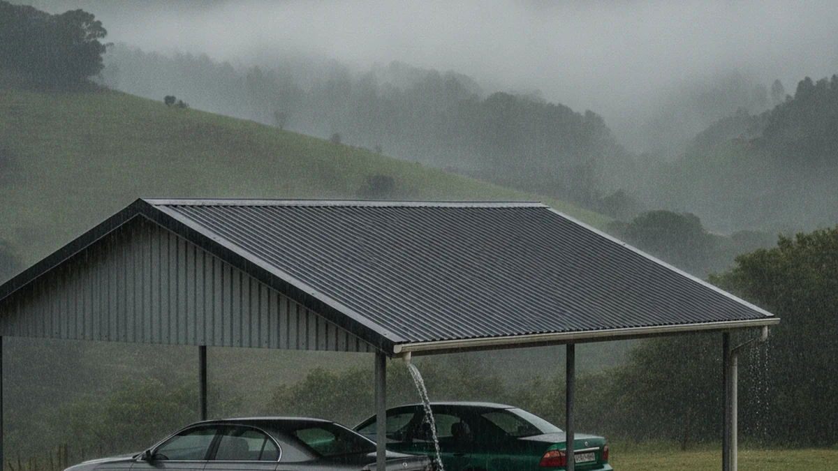 Steel carport with a steeply pitched IBR roof, gutter and downpipe shedding heavy rain, Midlands mist and green hills behind