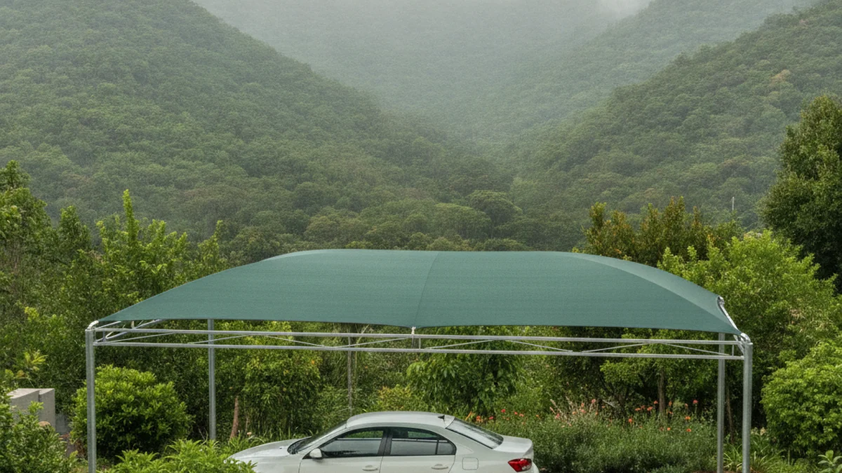 Shade-net shadeport with a green shade-cloth roof covering a car on a Pietermaritzburg driveway