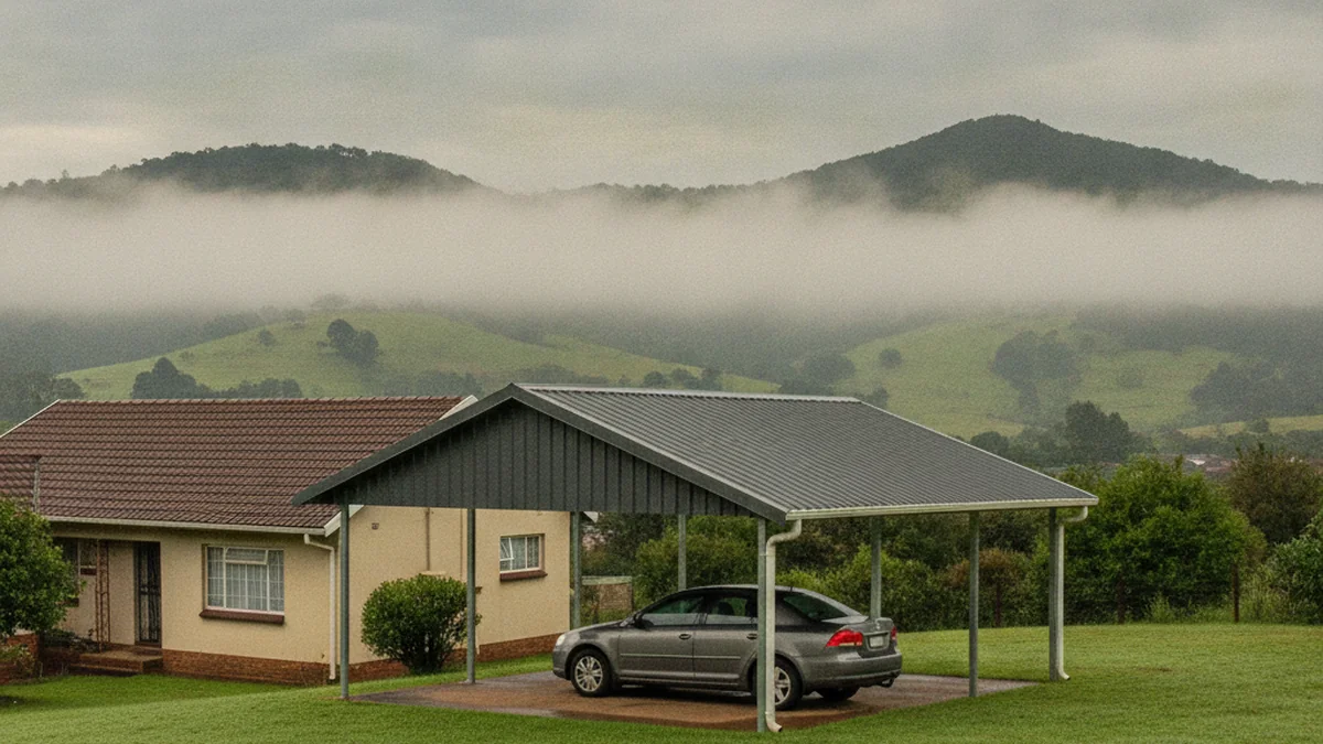 Single steel carport with a pitched charcoal IBR roof and gutter covering one car beside a Pietermaritzburg home on a misty morning