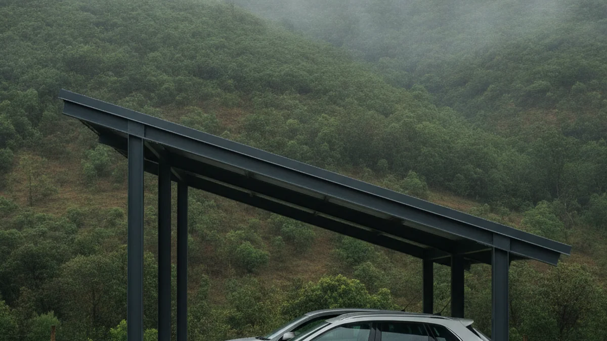 Side view of a double steel carport showing full depth and pitched roof height with two cars parked